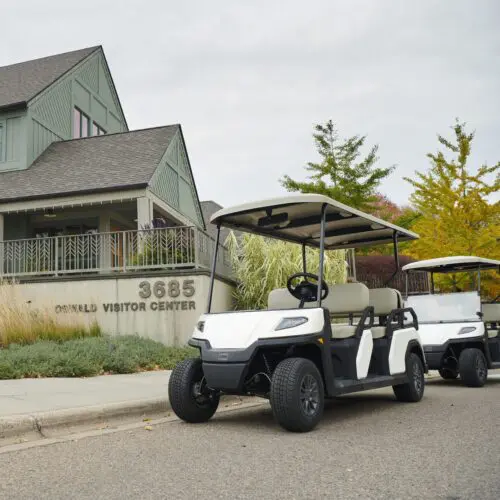 Toro Vista 4-seater golf cart parked at Oswald Visitor Center with autumn trees Toro Vista 4-seater golf cart with beige seats and a white roof, parked outside the Oswald Visitor Center, with another golf cart in the background
