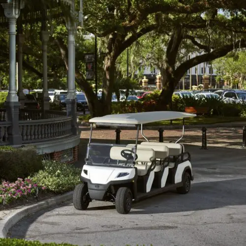 Toro Vista 8-seater golf cart parked near gazebo in park Toro Vista 8-seater golf cart with beige seats and a white roof, parked near a gazebo in a scenic park surrounded by trees and flowers
