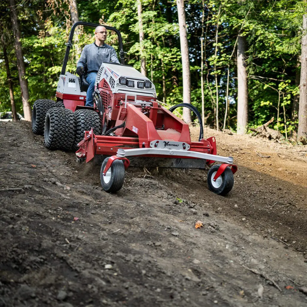 Ventrac Power Rake - Creating a finish grade with the Ventrac Power Rake to prep for lawn installation at a new construction build. Whether it's slope mowing or another application, Ventrac has you covered.