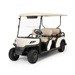 Toro Vista PTV EFI 6-seater gas-powered golf cart with beige roof and seats, black handrails, and a modern front design, displayed in a clean studio