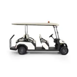 Toro Vista PTV EFI 6-seater gas-powered utility golf cart with spacious seating, a beige roof, and visible safety features, displayed in a plain studio environment