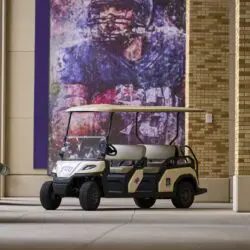 Toro Vista 4-seater golf cart with TCU decals, beige seats, and a white roof, parked near a football-themed mural outside a brick building