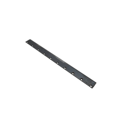 A long, narrow black metal bedknife with multiple holes for mounting, designed for turf maintenance