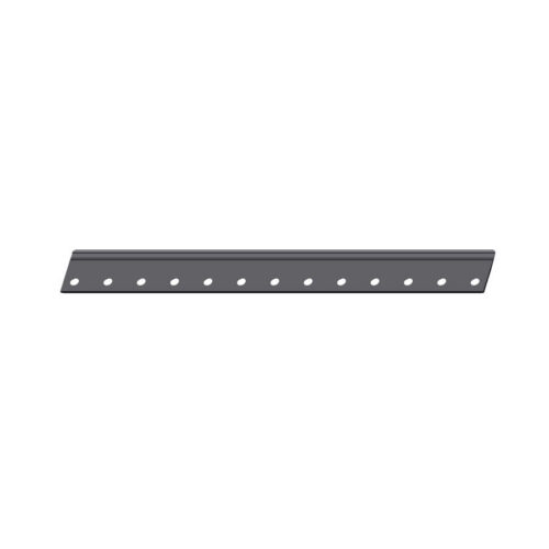 A long, gray bedknife with multiple mounting holes for precise turf cutting and maintenance