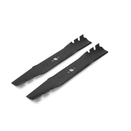 Two black steel replacement blades with precision cuts for Toro lawn mowers, designed for durability and performance
