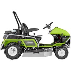 Side view of a green ride-on mower with a comfortable seat and robust tires, designed for tough terrain