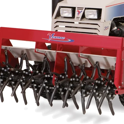 Red aerator attachment with multiple spoon tines, designed for the Ventrac EB480 model