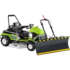 Green ride-on mower with a front plow, heavy-duty design, and comfortable seating for tackling tough terrain