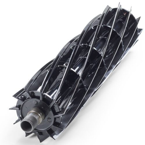 Close-up of an 11-blade radial reel, showcasing its sleek black design and cutting edges