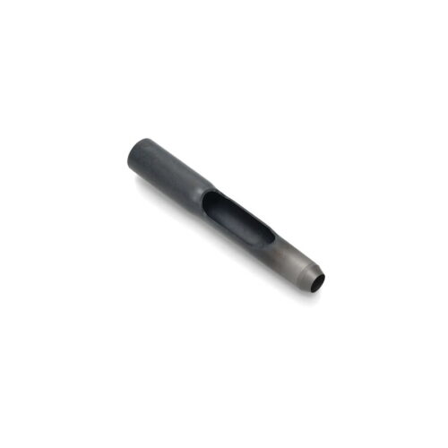 A cylindrical metal tine with a side eject feature, shown from a side angle, in dark grey color