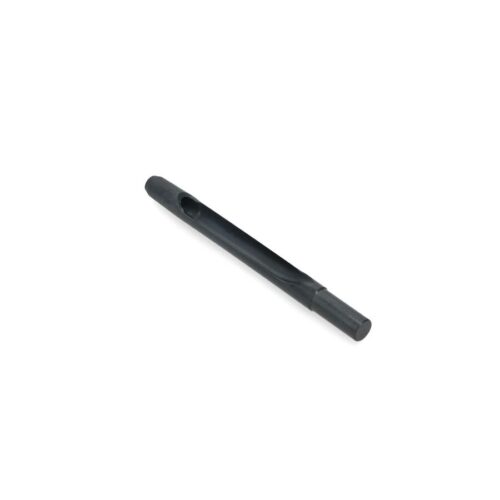 Black metal tine with a cylindrical shape and a hole for attachment, designed for garden tools