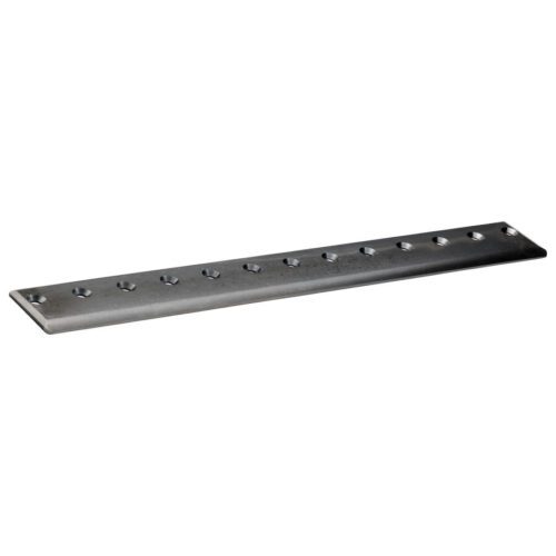 A long, flat metal bedknife with multiple mounting holes, designed for precise lawn cutting