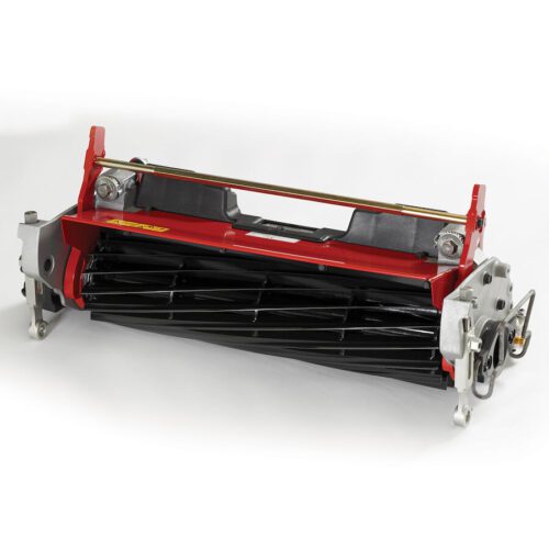 Red and silver cutting unit with 14 blades, designed for low-height mowing applications