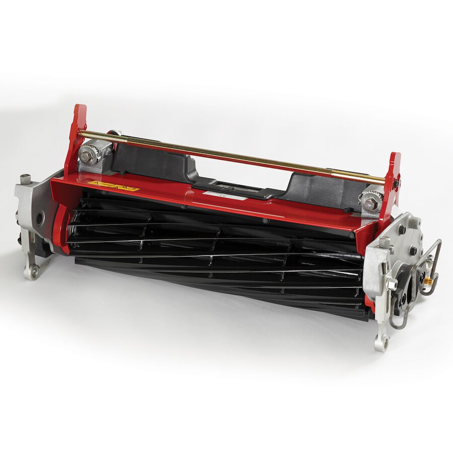 623_070ed315-ca79-47c1-bc74-e6f3252ab26d Red and silver cutting unit with 14 blades, designed for low-height mowing applications