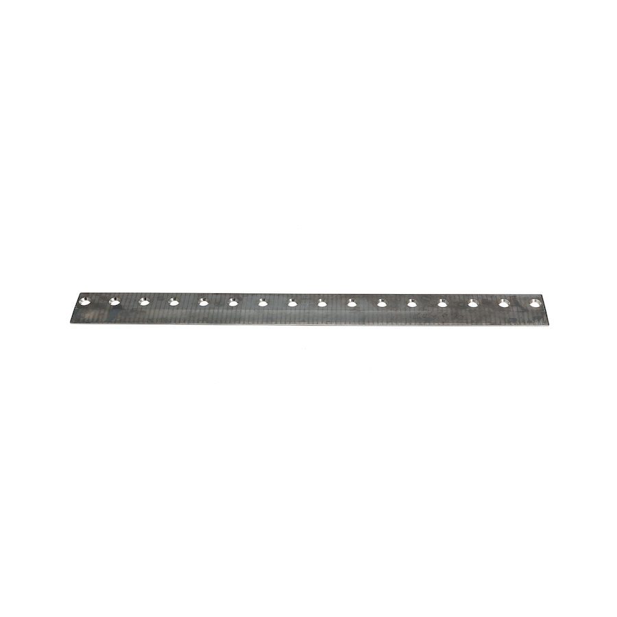 623_08529130-ead0-46cc-859c-c4223694f06f Metal bedknife with multiple holes, designed for Toro lawn mowers, showcasing a sleek, durable finish