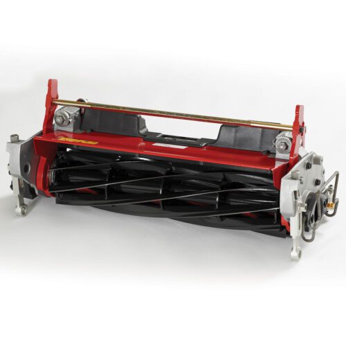 Close-up of a red and black 8-blade cutting unit designed for mowing fairways and tee boxes