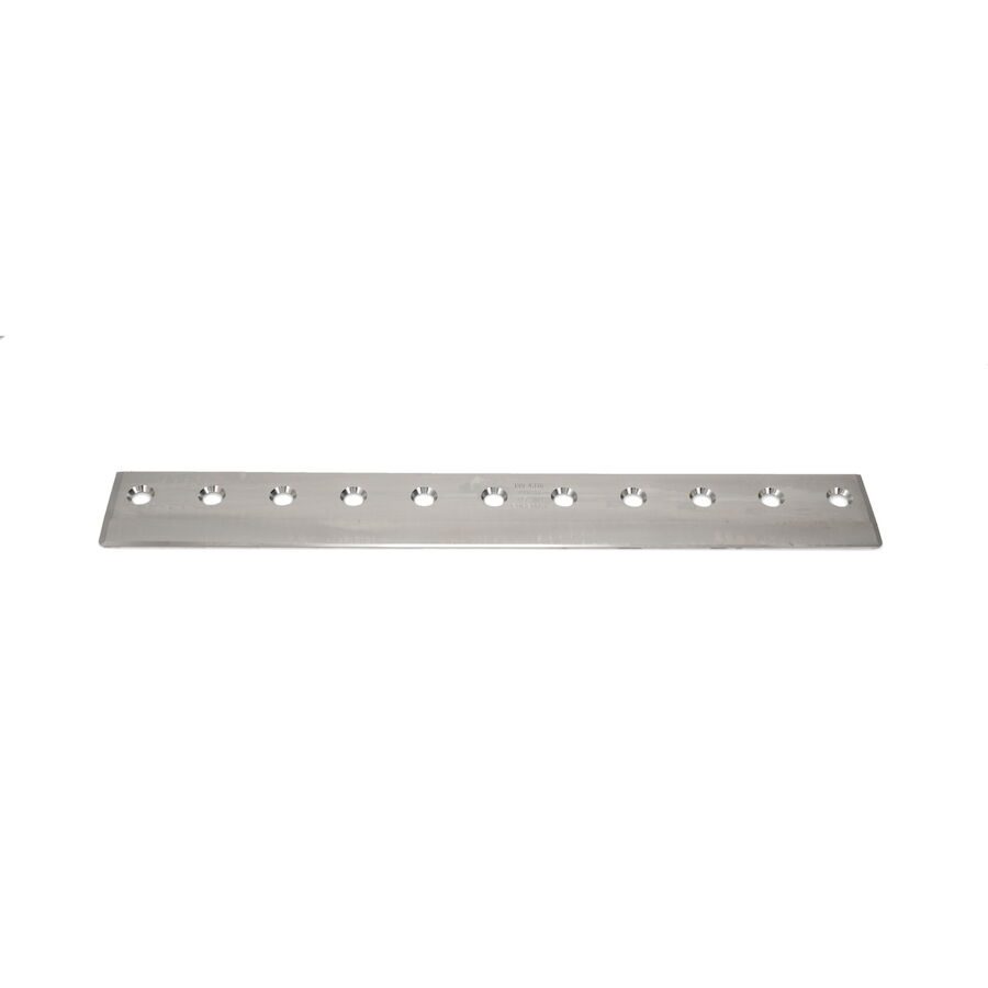 623_13ddffde-4e69-4dbf-b204-04705e681c07 A long, silver bedknife with multiple mounting holes, designed for precision cutting in lawn equipment