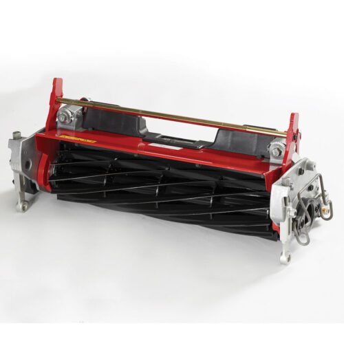 Close-up of a red and black 11-blade cutting unit designed for low-height mowing on greens