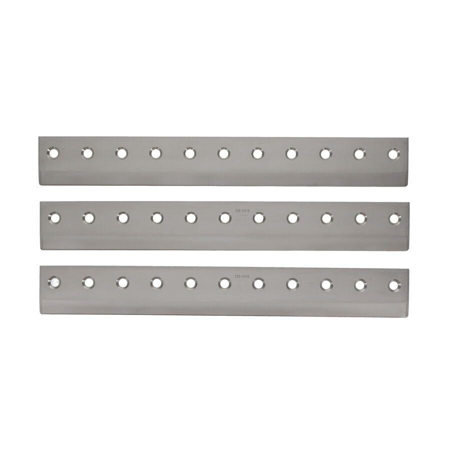 623_1b1cdcdc-ba38-4d30-823d-6bd2fe7b892c Three metal bedknives with multiple holes, designed for precision cutting in lawn equipment