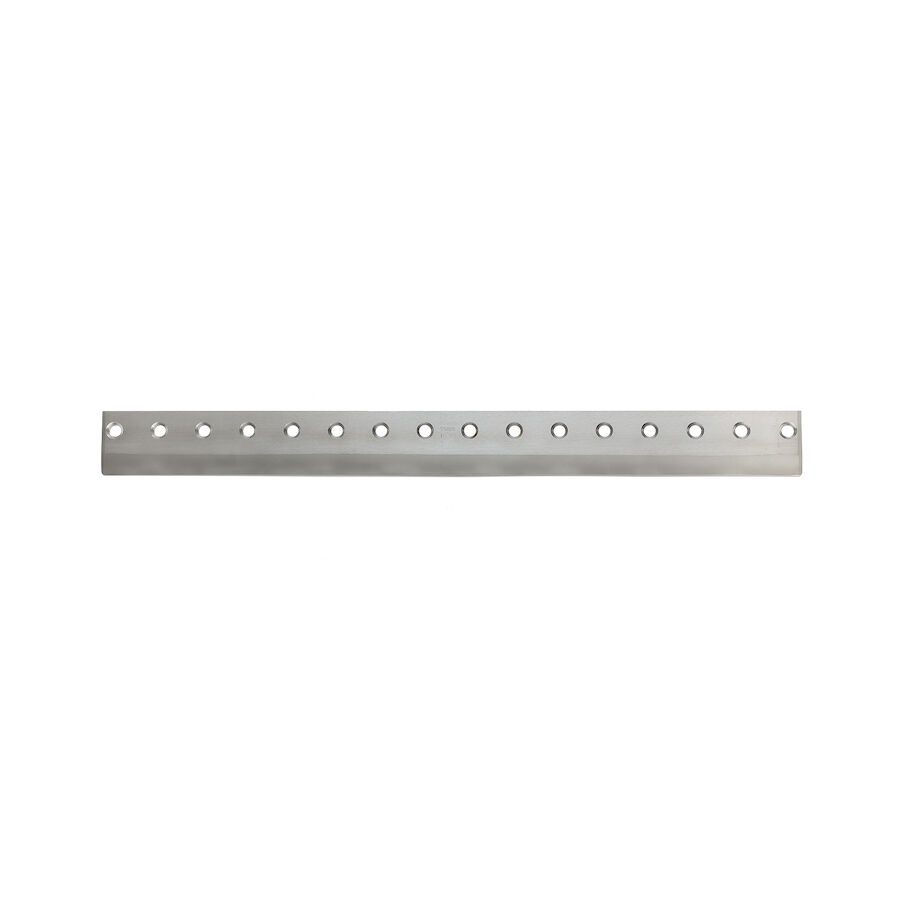 623_1fc79d3e-86d0-444b-9665-a44b664a389d A long, silver bedknife with multiple mounting holes, designed for precision cutting in lawn equipment
