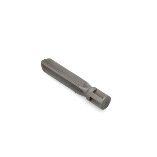 A gray metal cross tine with a rectangular shaft and rounded end, designed for tilling