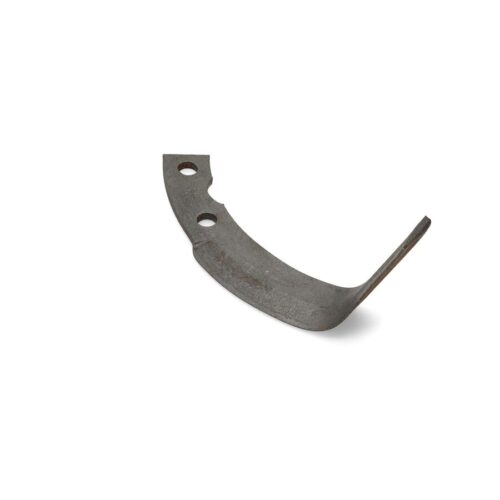 Metal lawn tine with curved edge and two holes, shown from a side angle