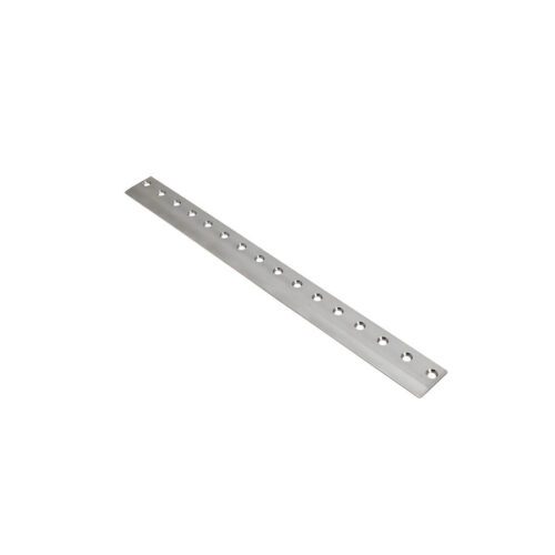 A long, silver bedknife with multiple mounting holes, designed for precision cutting in lawn equipment
