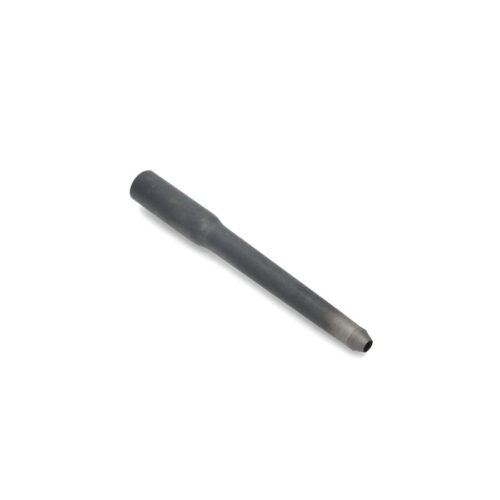 A black hollow carbide tine with a tapered end, shown from a side angle