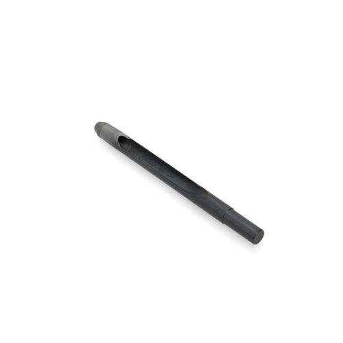 A black metal tine with a cylindrical shape and a hole, designed for gardening tools