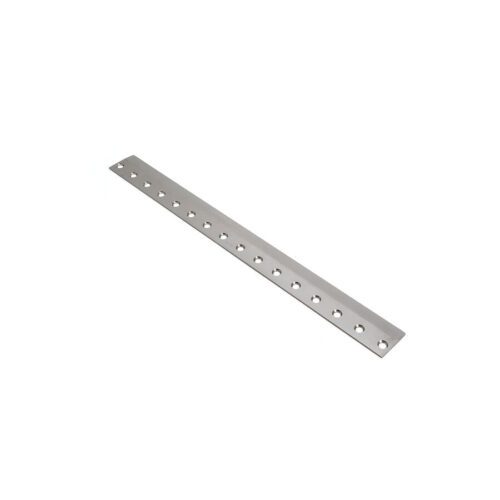 623_302fbfae-3b6f-4128-a48e-42ddc8545f98 A long, silver bedknife with multiple holes for mounting, designed for precision cutting