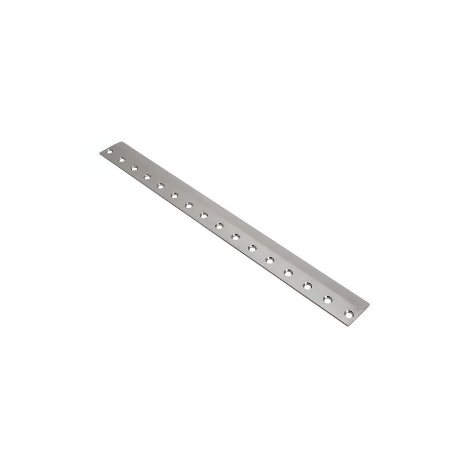 623_302fbfae-3b6f-4128-a48e-42ddc8545f98 A long, silver bedknife with multiple holes for mounting, designed for precision cutting