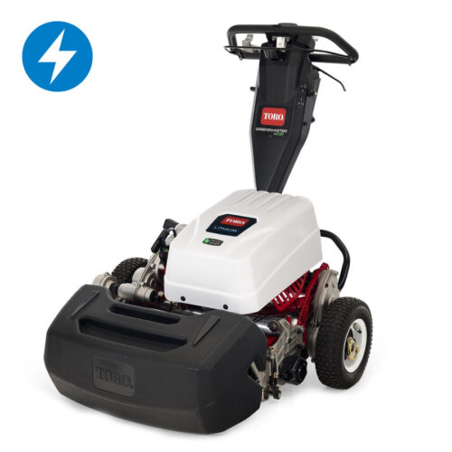 Electric walk-behind mower with a white and red body, featuring a large front roller and control handle
