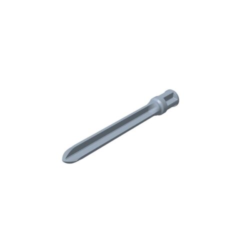 Gray cross tine tool with a tapered end, shown from a side angle against a plain background