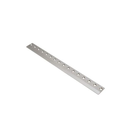 A long, silver bedknife with multiple holes for mounting, designed for precision cutting