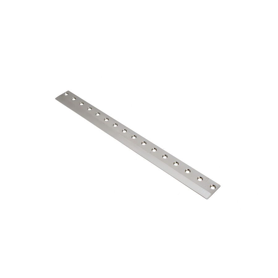 623_3392d2f5-d414-4720-8aca-8c6ae118cff2 A long, silver bedknife with multiple holes for mounting, designed for precision cutting