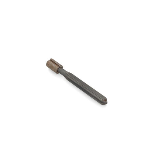 A metal tine-cross tool with a pointed end and cylindrical base, shown from a side angle