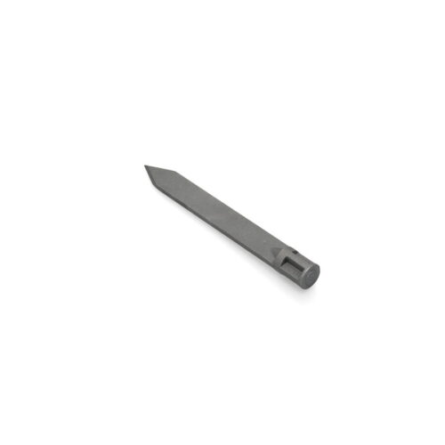 A gray cross tine with a pointed end, designed for tilling, shown from a side angle