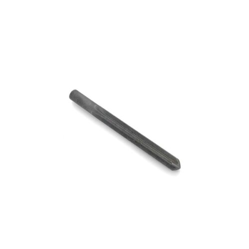 A dark metal tine with a pointed end, designed for use in tilling equipment