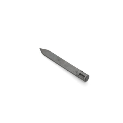 A solid slicing tine with a pointed end, gray metal finish, and a cylindrical base for attachment