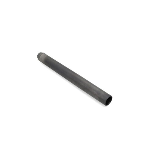 A long, cylindrical carbide hollow tine with a dark metallic finish, designed for lawn care equipment