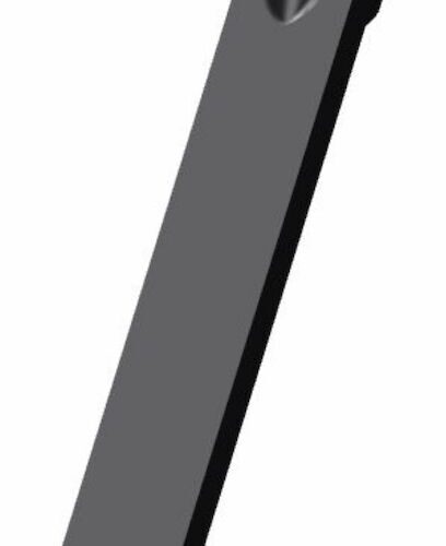 Black slicing tine with a pointed tip and cylindrical base, shown from a side angle