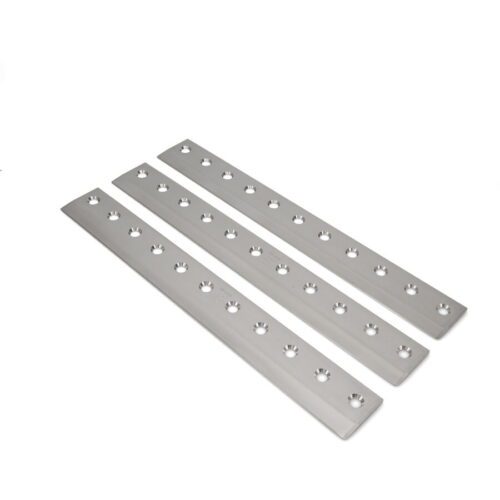 623_46c2a814-59bd-43ca-8bd5-df66fc4ad8bd Three metal bedknives with multiple holes, designed for precision cutting in lawn equipment