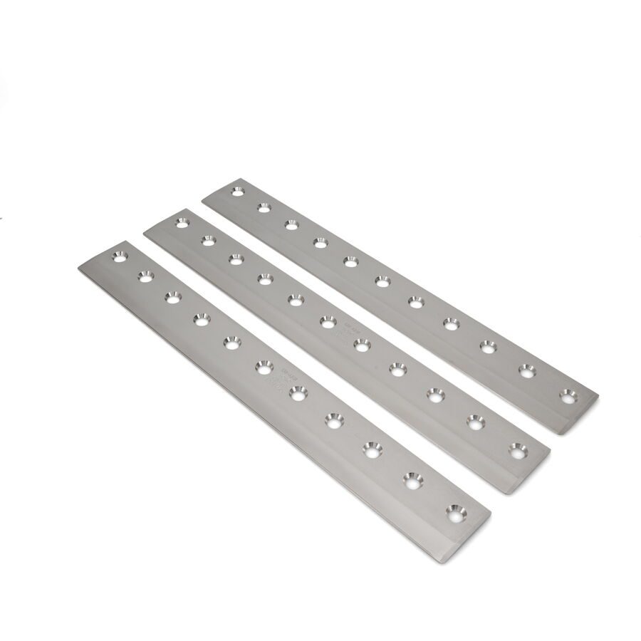623_46c2a814-59bd-43ca-8bd5-df66fc4ad8bd Three metal bedknives with multiple holes, designed for precision cutting in lawn equipment