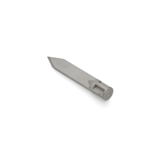 A solid round tine with a pointed tip, metallic gray, showcasing its length and design