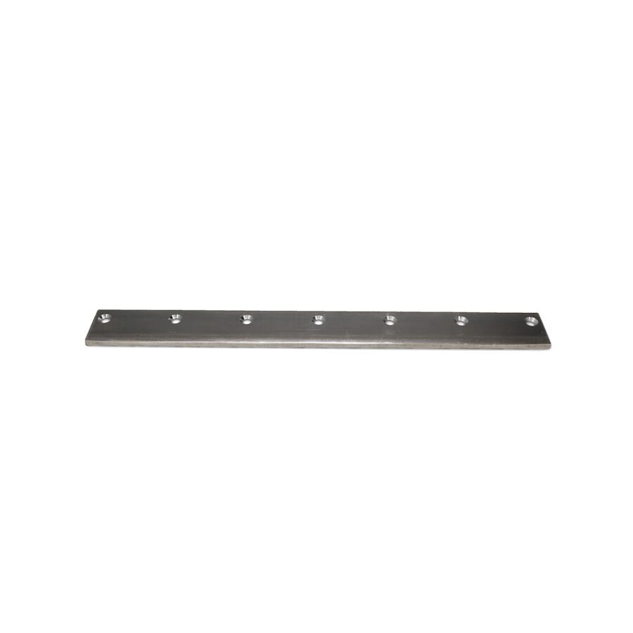 623_4a2edfe0-87a9-4dd6-a7d3-8e844cb9791a A long, silver bedknife with multiple mounting holes, designed for precise fairway cutting