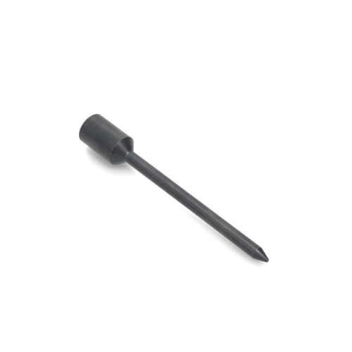 Solid round tine with a pointed end, black metal, angled for effective soil penetration