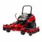 Red Toro zero turn mower with a large cutting deck and ergonomic seat, designed for efficient lawn care
