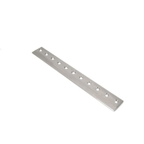 623_54a2ad1f-33a7-4ccb-ba3e-958e3260e1cb A long, silver bedknife with multiple holes, designed for precision cutting in lawn equipment