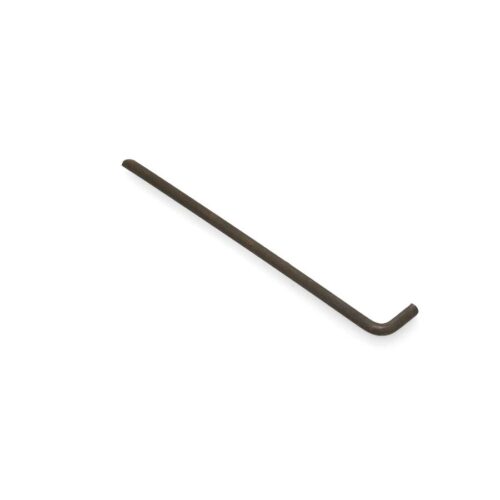 A long, thin, dark metal needle tine with a slight bend, designed for turf maintenance