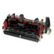 Close-up of a Toro cutting unit with 11 blades, showcasing its red and black design for precise mowing